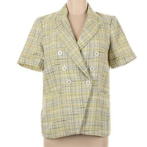 Maison d'Amelie Paris Tweed Short Sleeve Blazer plaid yellow blue white Large